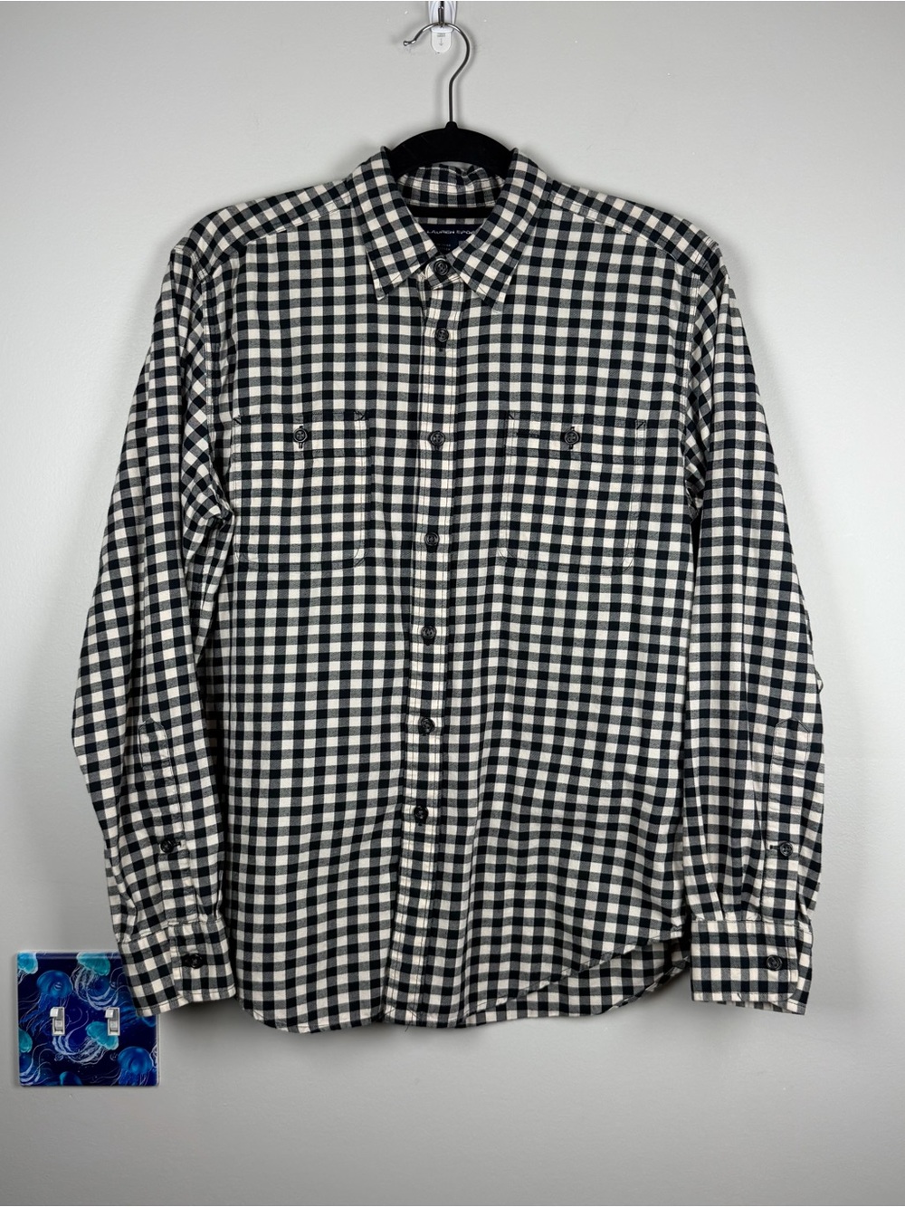 Ralph Lauren Sport Shirt Womens 10 Black Gingham Check Button Front Preppy Top